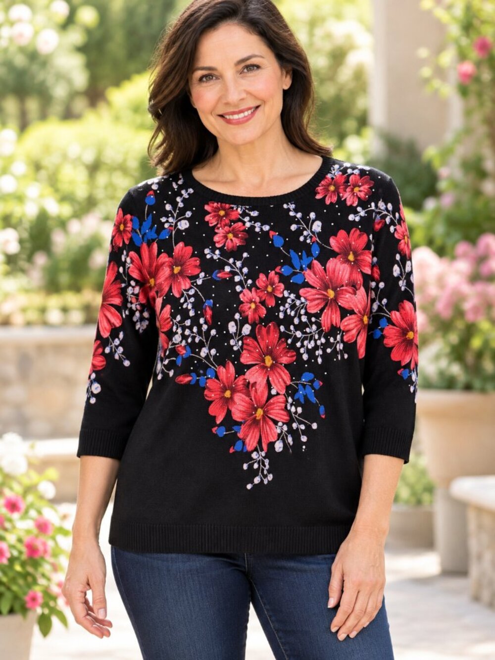 C.D. Petites Black Red Floral Rhinestone Sweater Petite XL 3/4 Sleeve